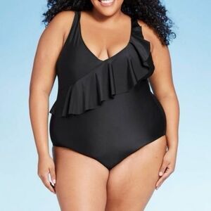Kona Sol High Coverage One-Piece Black Ruffle Swimsuit Plus Size 20W NEW NWT